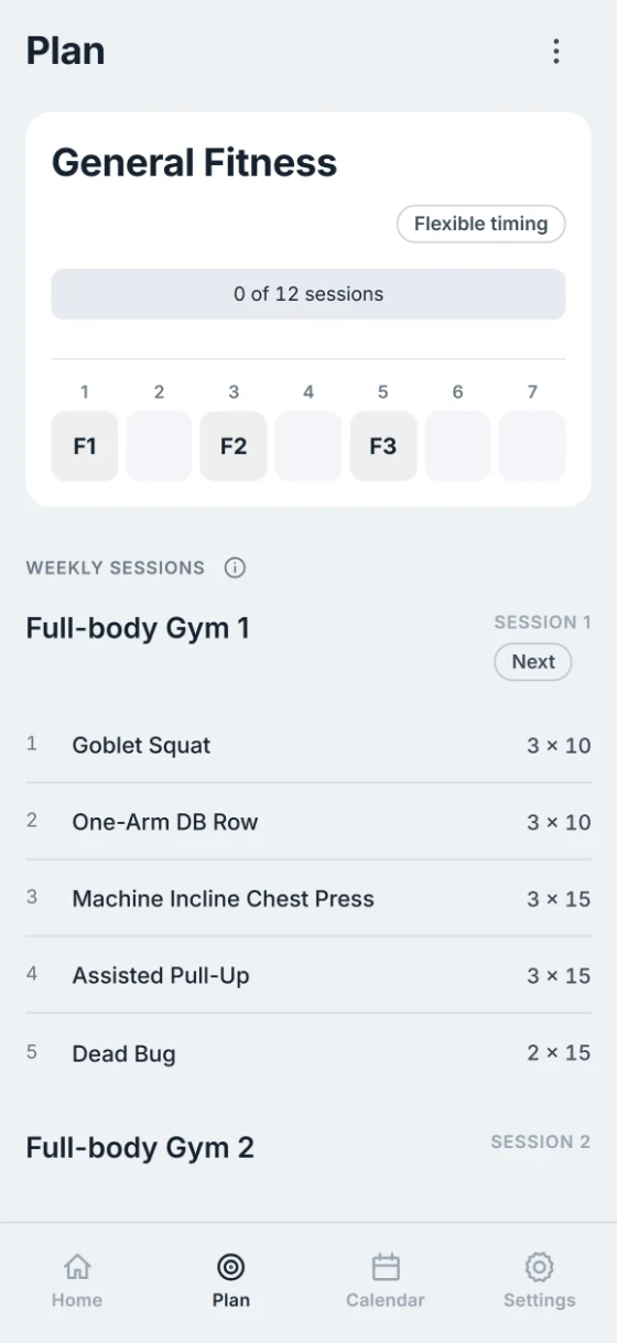 Plan screen for a Ratha plan, showing three sessions a week and the weekly rhythm.