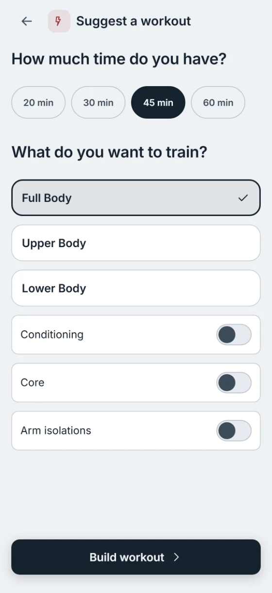 Suggest a workout screen asking what to train, with Full Body selected and a Build workout button.