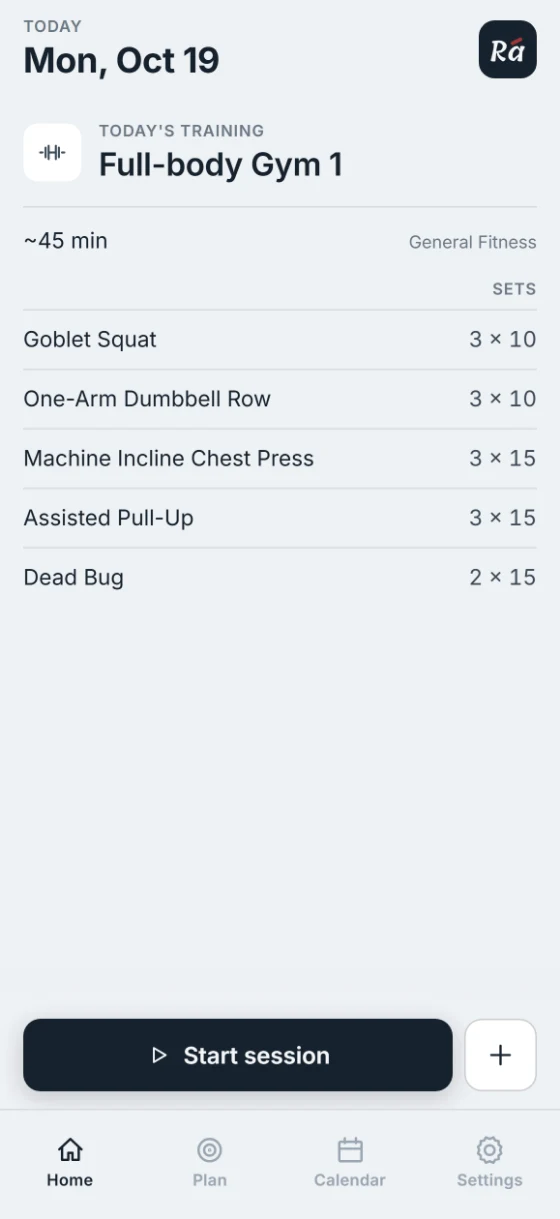 Today screen showing the next workout, Full-body Gym 1, with five exercises and about 45 minutes, and a Start session button.